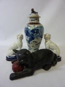 Oriental vase H31cm, pair Staffordshire Dalmatian dog ornaments, and a Bretby cat,