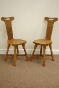 Yorkshire Oak - Pair 'Foxman' oak hall chairs, carved back splats, dish shaped seat,