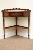 Reproduction mahogany corner stand fitted with single drawer and pie crust gallery, W76cm,