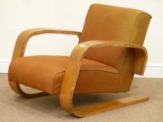 Alvar Aalto easy 400 tank chair, laminate bent birch frame, original upholstery, W79cm, H67cm,