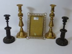 Pair Victorian brass beehive candlesticks H28cm,pair of patinated brass candlesticks,