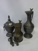 Pewter lidded urn H32cm, two pewter jugs,