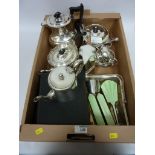 Walker and Hall three piece silver plated tea set and other platedware in one box