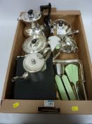 Walker and Hall three piece silver plated tea set and other platedware in one box
