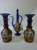 Pair late 19th/early 20th century Persian blue glass vases printed with the portrait of the Shah of