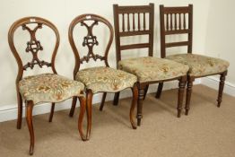 Pair Victorian mahogany balloon back upholstered chairs and another pair of Edwardian chairs with