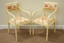 Pair 20th century varnished paint finish armchairs with upholstered back and drop in seat