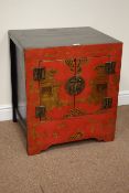 Chinese red lacquered moon cabinet, enclosed by two doors,