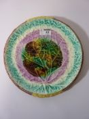 Late 19th century Majolica bread plate 'Waste Not Want Not' D27cm Condition Report