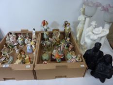 Pair of Staffordshire Morley lidded dishes with figural lifts, Capodimonte and other figures,