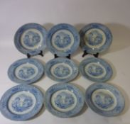 Set of nine matching 19th century Davenport blue and white plates D24cm (various dates)