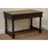 Victorian heavily carved oak barley twist writing table with leather inset top fitted with two