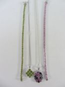 Green and pink stone set bracelets and pendant necklaces stamped 925