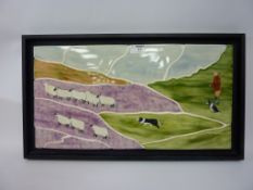 Eskdale Studio framed ceramic wall tile hand painted with sheep and a collie W59cm