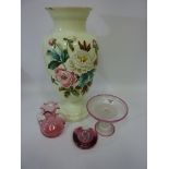 Large Victorian glass vase with hand painted decoration H44cm,