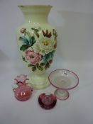 Large Victorian glass vase with hand painted decoration H44cm,