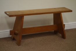 Oak jointed plank bench with stretcher base,