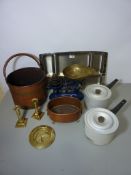Vintage kitchen scales with weights, copper and brass bound coal bin, two Agaluxe saucepans,