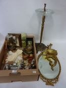 Miner's safety lamp, two hallmarked silver spoons, ornate ashtray on stand, bevel edge mirror,