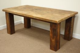 Rectangular rustic pine board table on square legs, 183cm x 101cm,