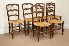 19th century French country oak ladder back chairs with rush seats,