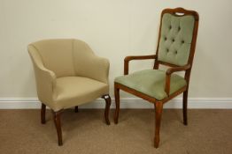 20th century tub shaped chair upholstered in hessian cover and another upholstered armchair