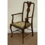 Edwardian Art Nouveau inlaid mahogany armchair, turned stretcher to base,