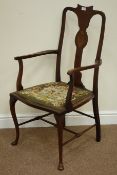 Edwardian Art Nouveau inlaid mahogany armchair, turned stretcher to base,