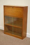 Light oak fall front secretaire bookcase with sliding glass doors, W76cm, H100cm,