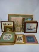 Set of three crewel work embroidery pictures, pair of still life oleographs,