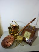 Mahogany and brass coal scuttle (no liner), brass coal bin, copper warming pan, brass fire irons,