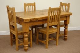 Rustic pine table on turned base (91cm x 153cm),