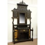 Late Victorian large oak hallstand, centre bevel edged mirror above marble top and single drawer,