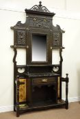 Late Victorian large oak hallstand, centre bevel edged mirror above marble top and single drawer,