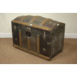 19th/early 20th century wood and metal bound trunk, crocodile effect embossed metal panels, W92cm,