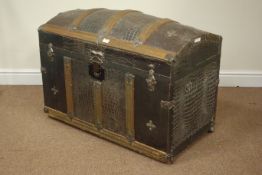 19th/early 20th century wood and metal bound trunk, crocodile effect embossed metal panels, W92cm,