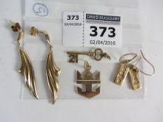 Two pairs gold ear-rings and a 21st key pendant hallmarked 9ct approx 6.