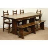 20th century oak rectangular table dining table carved detail (77cm x 199cm, H76cm),