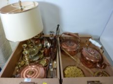 Victorian copper kettle, brass lamp, candle sticks and other brass, copper,
