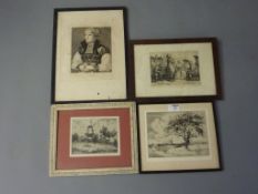 Two Landscapes with Windmills, early 20th century monochrome etchings signed A.