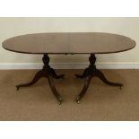 Regency oval mahogany twin pedestal dining table, triple splay legs with hairy brass castors, W112,