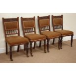 Edwardian walnut set four upholstered chairs with carved top rails and turnings Condition
