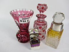 Cranberry glass scent bottle, vase,