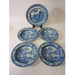 Four 19th century pearlware 'The Philosopher' pattern dishes and a similar plate