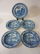 Four 19th century pearlware 'The Philosopher' pattern dishes and a similar plate