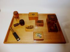 Treen - oak tray, three Mauchlinware boxes and one other, novelty cigarette dispenser,