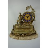 Brass figural mantel clock, girl with a deer, on marble plinth, W32cm,