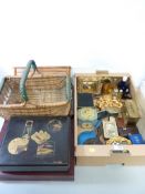 Japanese laquered box, Victorian rosewood box, two antique indentures, vintage wicker basket,