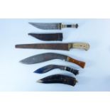 Indian Kukri knife20cm blade with two small knives in leather sheath another Kukri knife with teak