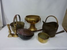 Brass comport with lions mask handles H30cm, pair brass candlesticks, jam pan, copper warming pan,